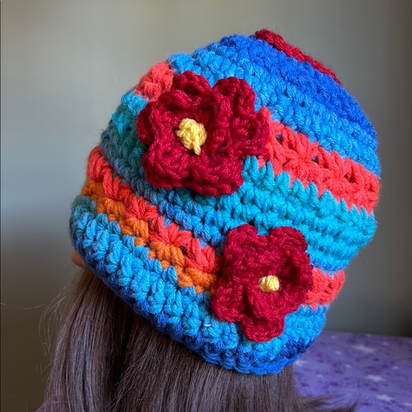 Boho Gypsy Sisters Accessories - Handmade Colorful Crochet Beanie with heart Accent medium acrylic soft
